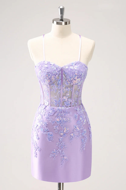 Wholesale Sparkly Lilac Homecoming Dress Bodycon Spaghetti Straps Sequin Corset with Appliques