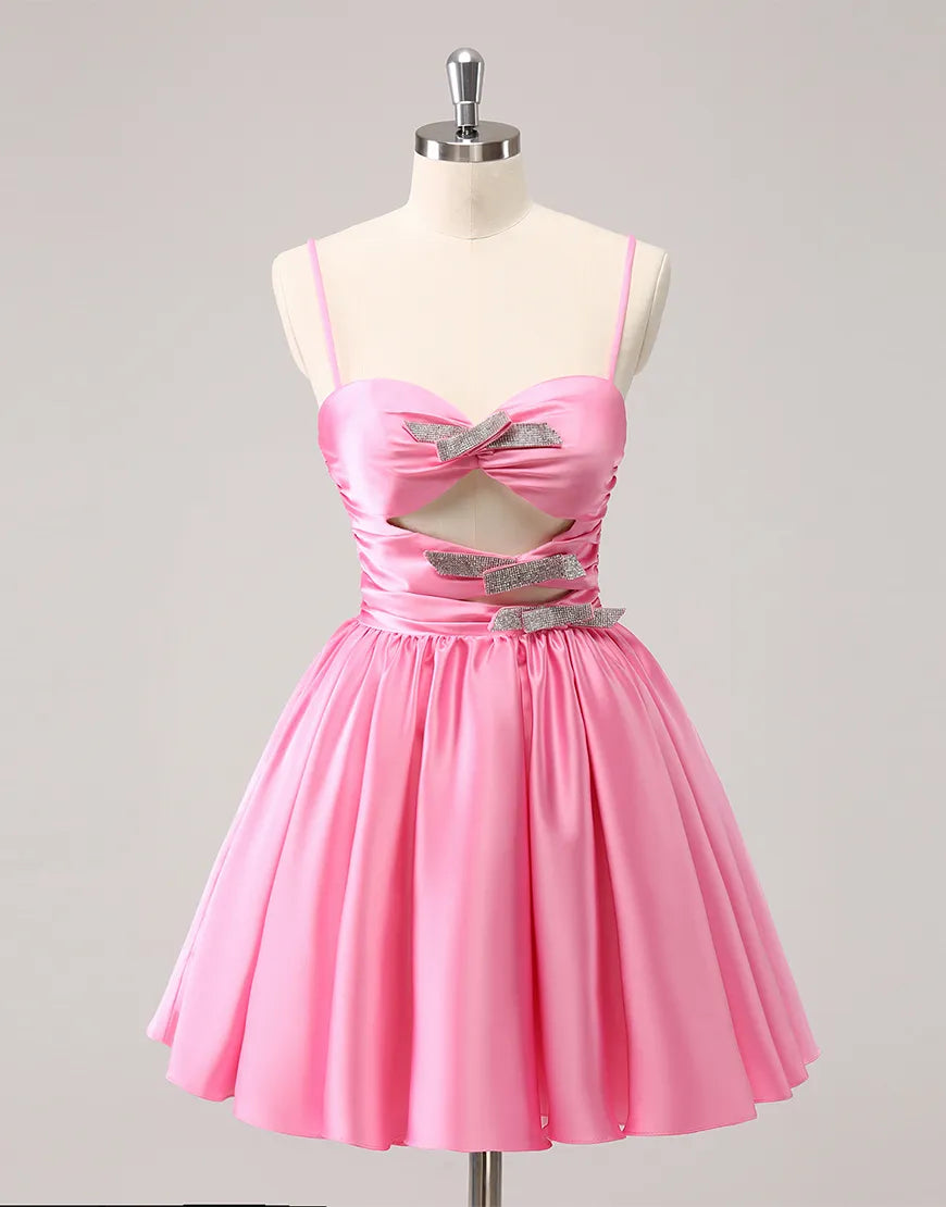 Wholesale Homecoming Dress A-Line Satin Spaghetti Straps with Beaded Bowknots