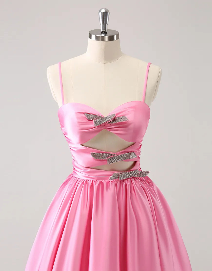 Wholesale Homecoming Dress A-Line Satin Spaghetti Straps with Beaded Bowknots