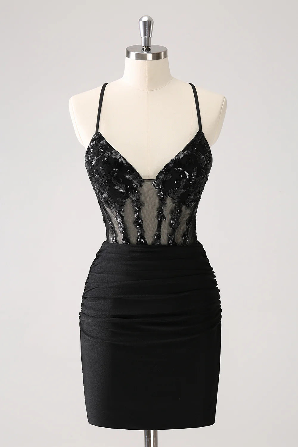 Wholesale Homecoming Dress Sparkly Unique Black Tight Spaghetti Straps Sequin with Lace Up Back