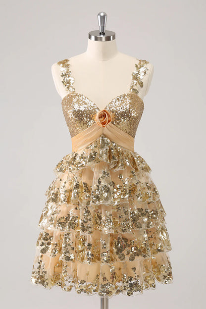 Wholesale A Line Short Homecoming Dress Sparkly Golden Corset Tiered with Flower