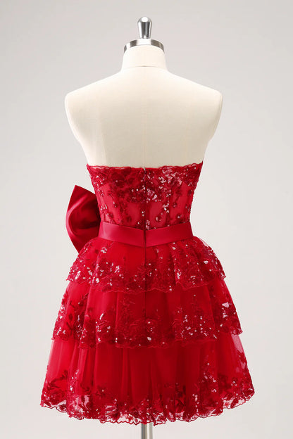 Wholesale A Line Sweetheart Homecoming Dress Sparkly Red Corset Tiered Ruffle with Bows