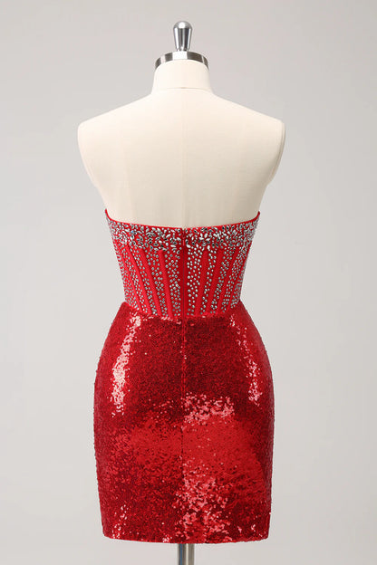 Wholesale Short Homecoming Dress Glitter Red Tight Strapless Sequin Corset Slit with Beading