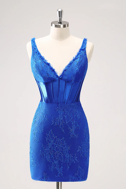 Wholesale Homecoming Dress Sparkly Bodycon V Neck Beaded Corset Ruched with Lace Up Back Royal Blue