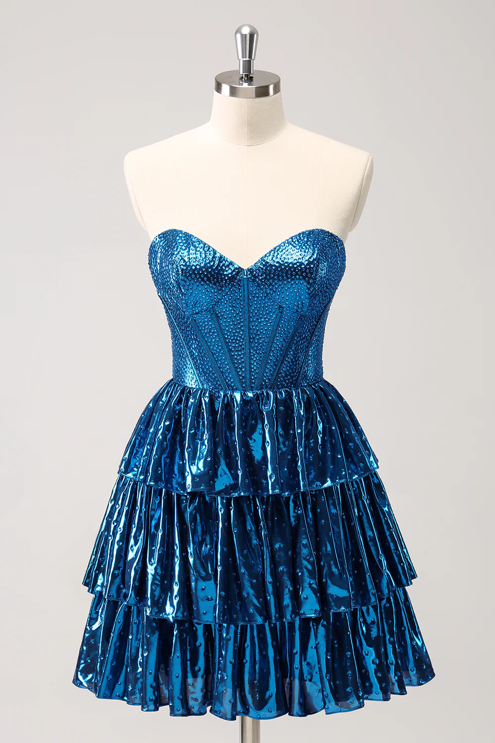 Wholesale A Line Sweetheart Homecoming Dress Sparkly Peacock Blue Corset Tiered Metallic with Lace Up Back