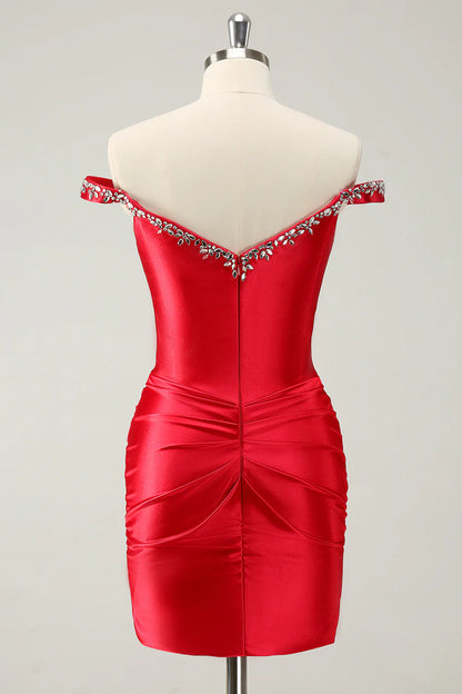 Wholesale Homecoming Dress Red Sheath Off The Shoulder Pleated Corset with Rhinestones