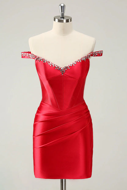 Wholesale Homecoming Dress Red Sheath Off The Shoulder Pleated Corset with Rhinestones