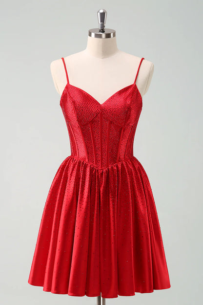 Wholesale Short Homecoming Dress Cute Red A Line Spaghetti Straps Ruffle Corset with Beading