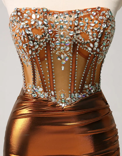 Wholesale Homecoming Dress Sparkly Cooper Strapless Tight Beaded Corset Satin