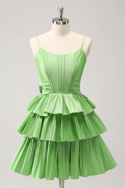 Wholesale A Line Homecoming Dress Spaghetti Straps Corset Tiered Ruffle with Bow Cute Green