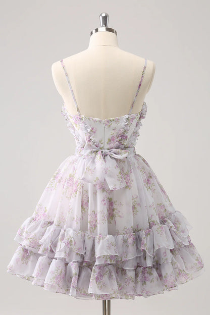 Wholesale A Line Homecoming Dress Cute Lilac Cut Out Tiered Print Floral with Ruffles