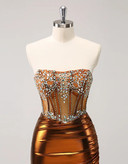 Wholesale Homecoming Dress Sparkly Cooper Strapless Tight Beaded Corset Satin