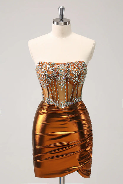 Wholesale Glitter Copper Tight Strapless Corset Short Metallic Homecoming Dress with Beading