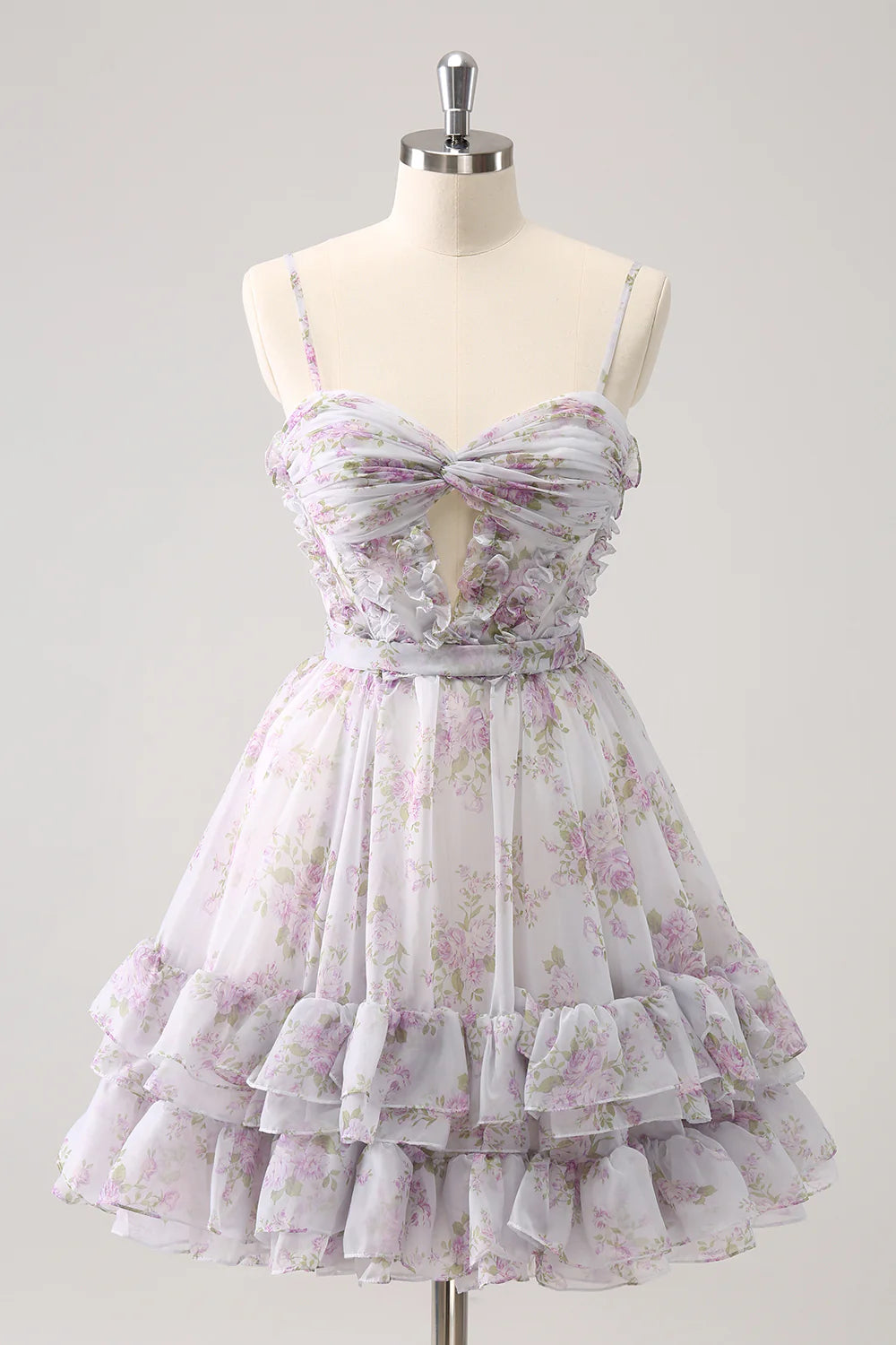 Wholesale A Line Homecoming Dress Cute Lilac Cut Out Tiered Print Floral with Ruffles