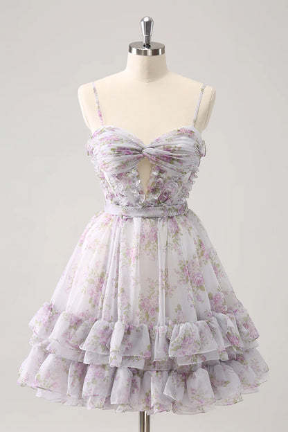 Wholesale A Line Homecoming Dress Cute Lilac Cut Out Tiered Print Floral with Ruffles