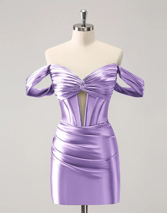 Aimishang Sheath Homecoming Dress Off-the-Shoulder Pleats Satin Birthday Party Dress