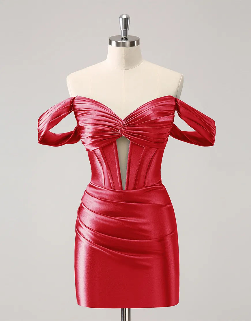 Wholesale Homecoming Dress Tight Off-the-Shoulder Pleats Corset Satin