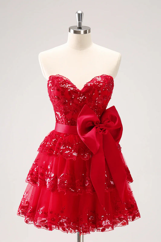 Wholesale A Line Sweetheart Homecoming Dress Sparkly Red Corset Tiered Ruffle with Bows