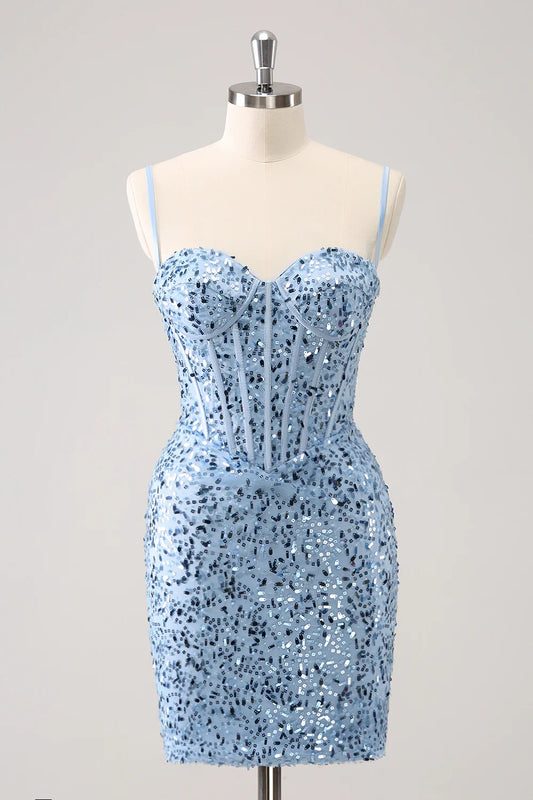 Wholesale Short Homecoming Dress Stylish Bodycon Spaghetti Straps Corset with Sequins Blue