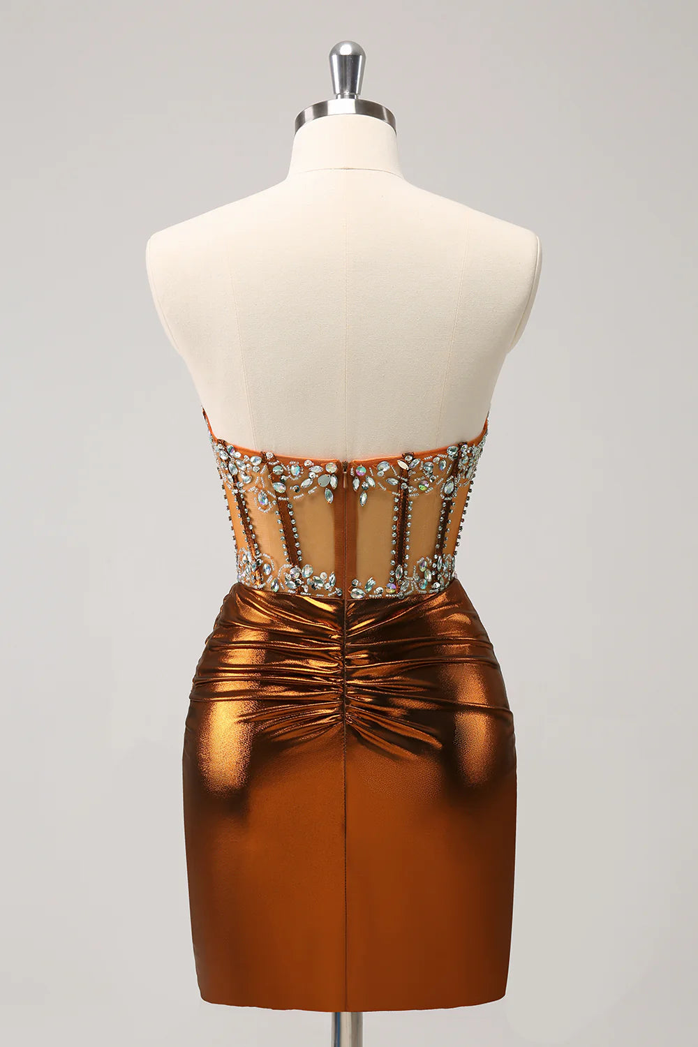 Wholesale Glitter Copper Tight Strapless Corset Short Metallic Homecoming Dress with Beading