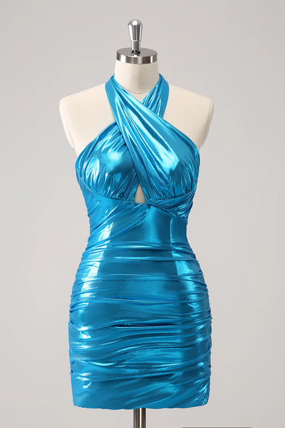 Wholesale Homecoming Dress Sparkly Stylish Bodycon Halter Pleated Corset Metallic