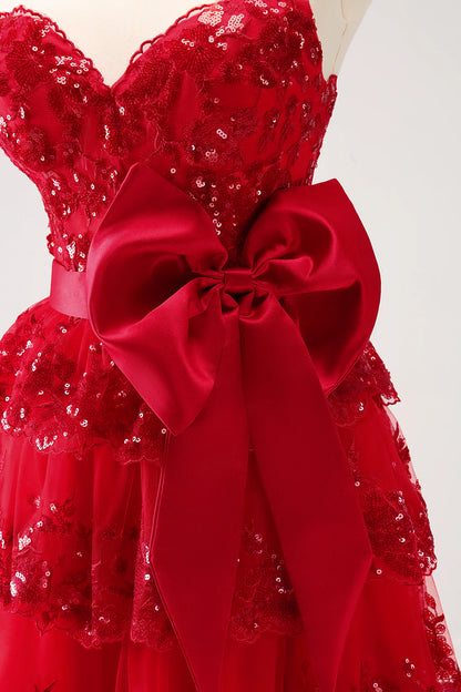 Wholesale A Line Sweetheart Homecoming Dress Sparkly Red Corset Tiered Ruffle with Bows