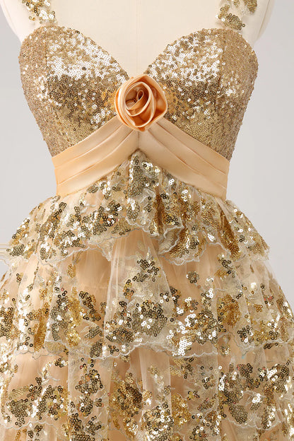 Wholesale A Line Short Homecoming Dress Sparkly Golden Corset Tiered with Flower