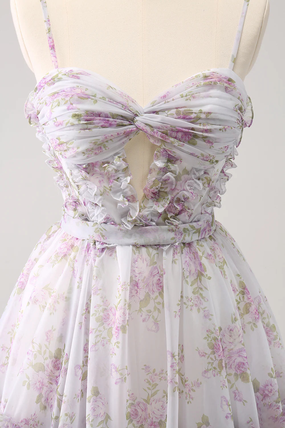 Wholesale A Line Homecoming Dress Cute Lilac Cut Out Tiered Print Floral with Ruffles