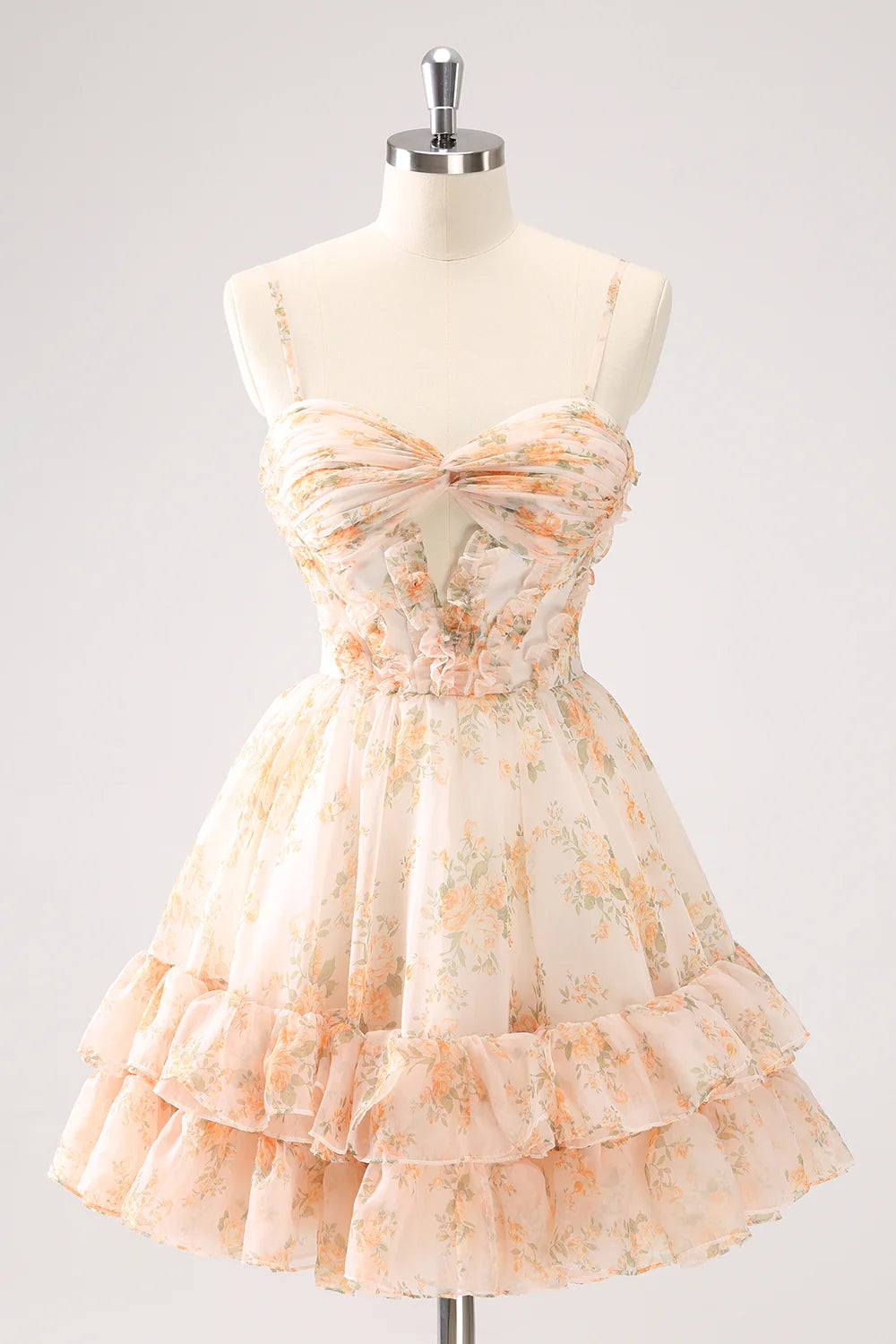 Wholesale A Line Homecoming Dress Cute Yellow Cut Out Tiered Print Floral with Ruffles