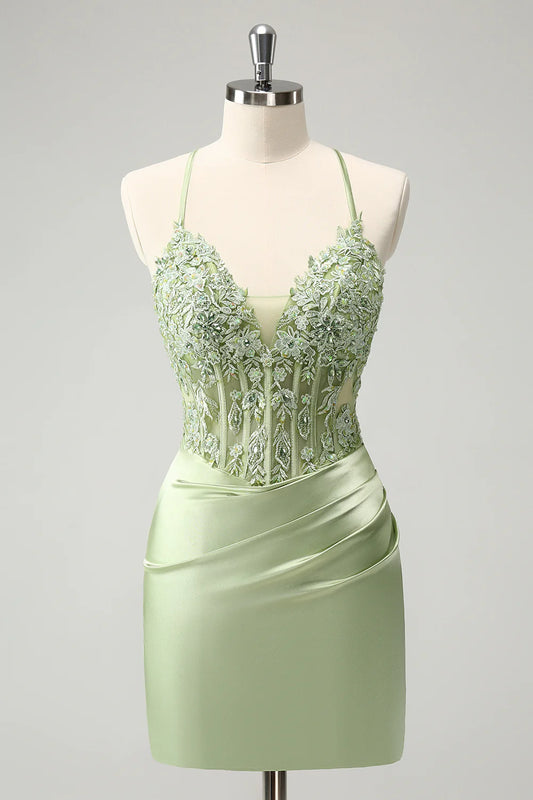 Wholesale Stylish Green Homecoming Dress Sheath Criss Cross Back Corset Short with Appliques