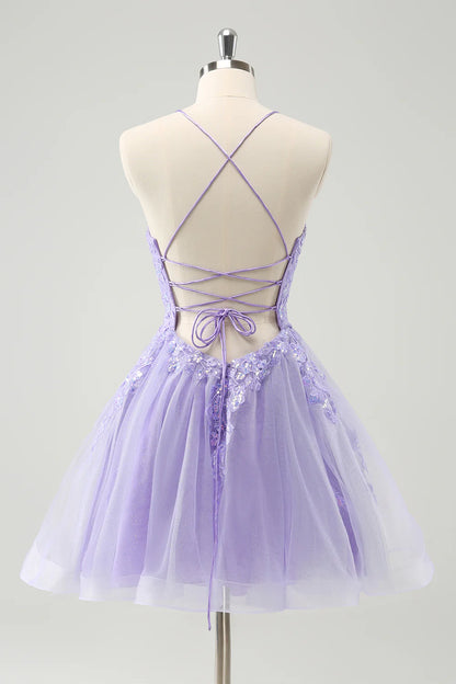 Wholesale A Line Homecoming Dress Sparkly Lilac Spaghetti Straps with Lace Up Back Sequin