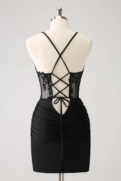 Wholesale Homecoming Dress Sparkly Unique Black Tight Spaghetti Straps Sequin with Lace Up Back