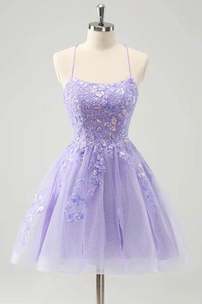 Wholesale A Line Homecoming Dress Sparkly Lilac Spaghetti Straps with Lace Up Back Sequin