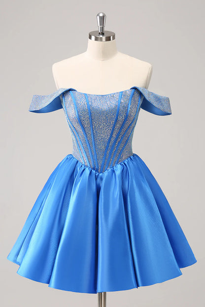 Wholesale Homecoming Dress Cute Blue A Line Off The Shoulder Corset with Beading