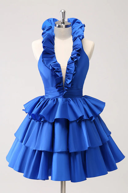 Wholesale Cute Homecoming Dress Royal Blue A Line Halter Tiered Backless with Ruffles