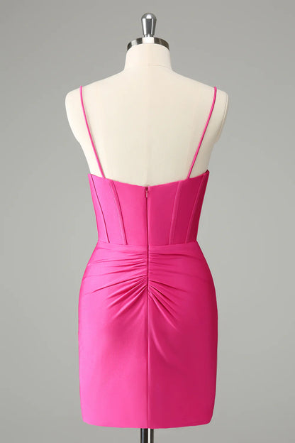 Wholesale Homecoming Dress Fuchsia Tight Spaghetti Straps Pleated Short Graduation Dresses