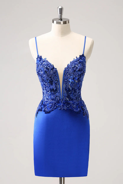 Wholesale Short Homecoming Dress Royal Blue Tight Ruched Lace Up Back with Beading