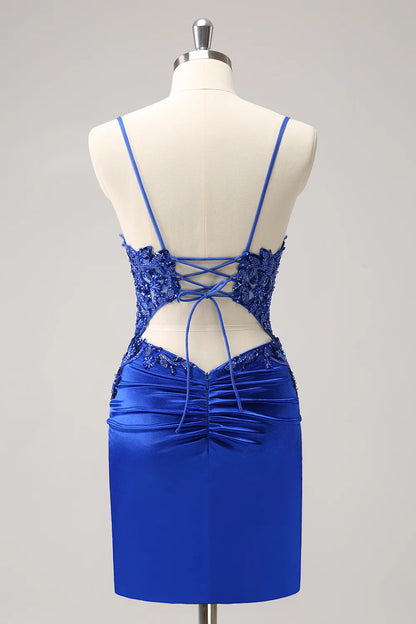 Wholesale Short Homecoming Dress Royal Blue Tight Ruched Lace Up Back with Beading