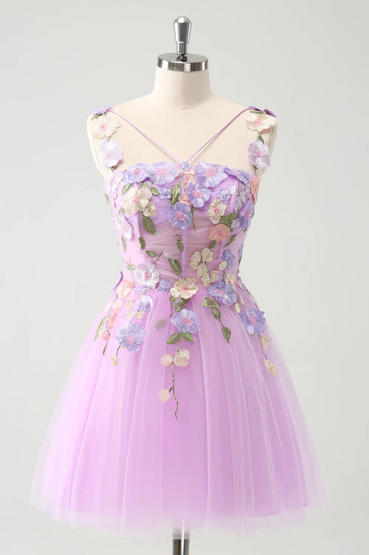 Wholesale A Line Homecoming Dress Gorgeous Purple Spaghetti Straps Short with 3D Flowers