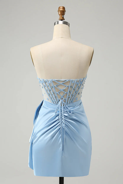 Wholesale Blue Homecoming Dress Bodycon Sweetheart Pleated Corset with Beading Stylish