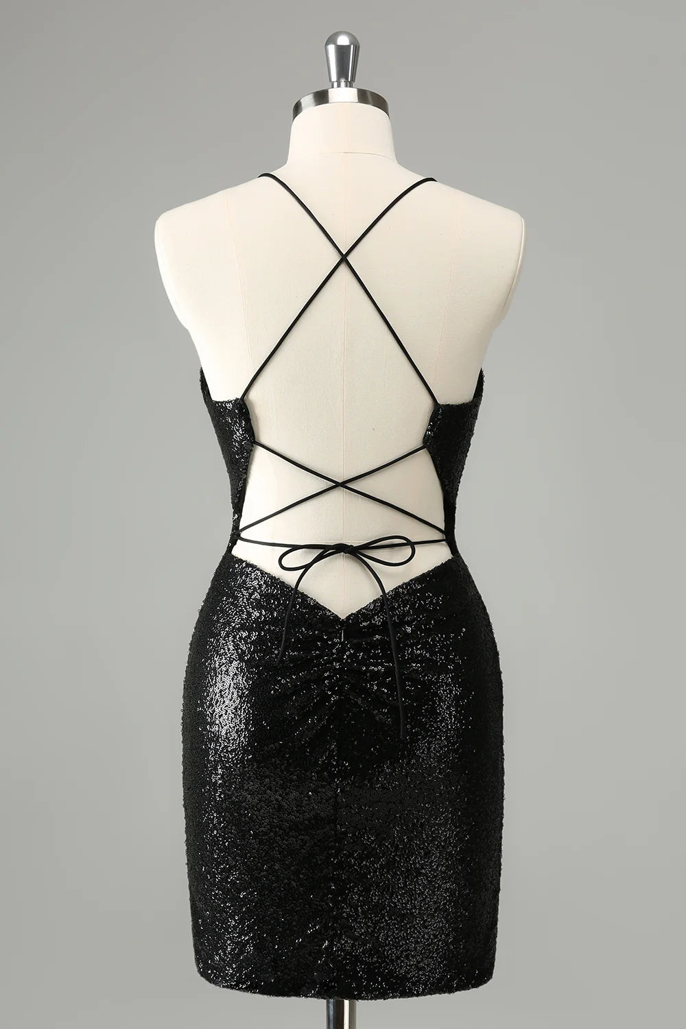 Wholesale Homecoming Dress Black Bodycon Spaghetti Straps Sequins with Lace-up Back