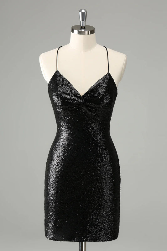 Wholesale Homecoming Dress Black Bodycon Spaghetti Straps Sequins with Lace-up Back