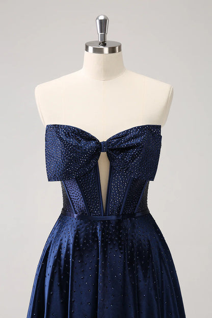 Wholesale Cute Homecoming Dress Navy A Line Strapless Hollow Out Corset Beaded with Bow