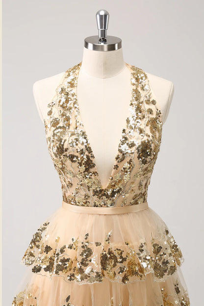 Wholesale Homecoming Dress Sparkly Gold A Line Halter Corset Tiered Backless with Sequins