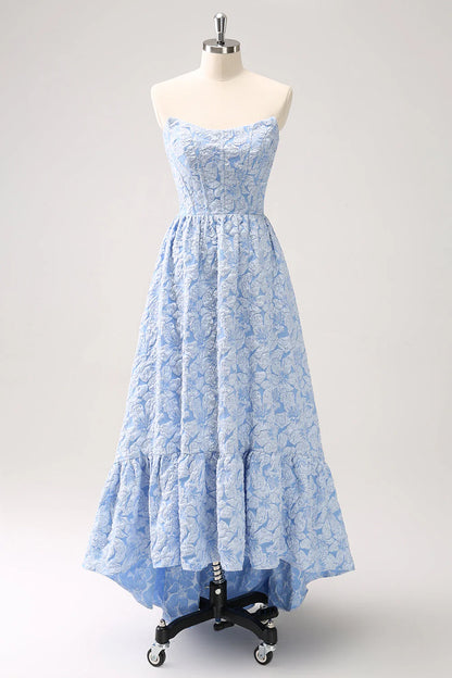 Wholesale Homecoming Dresses A-Line Graduation Dresses Strapless Floral High Low Ruffled Dress Blue