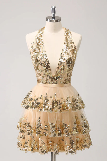 Wholesale Homecoming Dress Sparkly Gold A Line Halter Corset Tiered Backless with Sequins