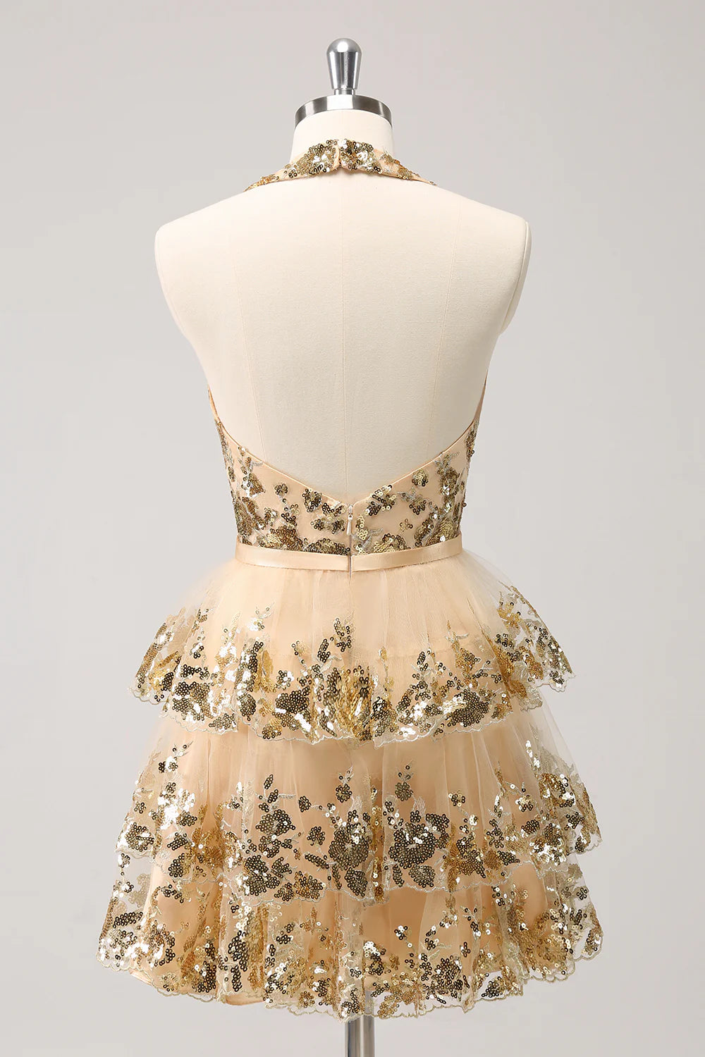 Wholesale Homecoming Dress Sparkly Gold A Line Halter Corset Tiered Backless with Sequins