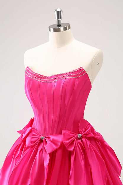 Wholesale A Line Graduation Dresses Strapless Corset Ruffle Beaded Cute Fuchsia Homecoming Dress with Bows