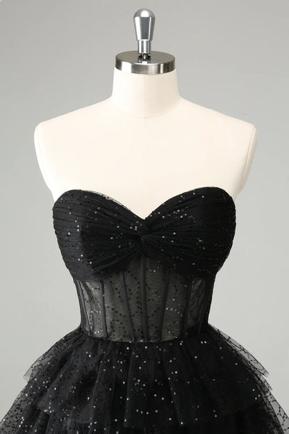 Wholesale A Line Homecoming Dress Cute Sparkly Black Sweetheart Pleated Corset with Sequins