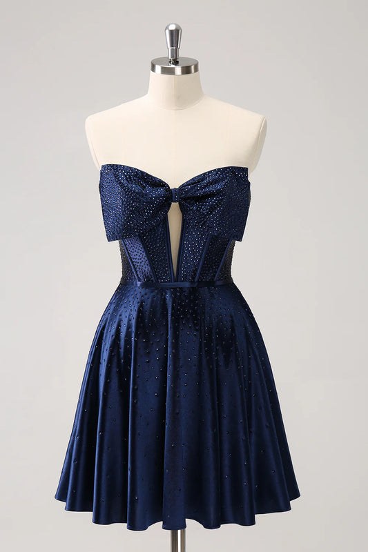 Wholesale Cute Homecoming Dress Navy A Line Strapless Hollow Out Corset Beaded with Bow